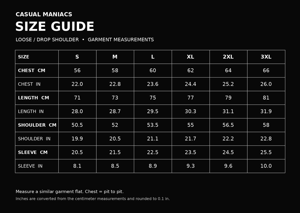 Casual Maniacs size guide — centimeters and inches